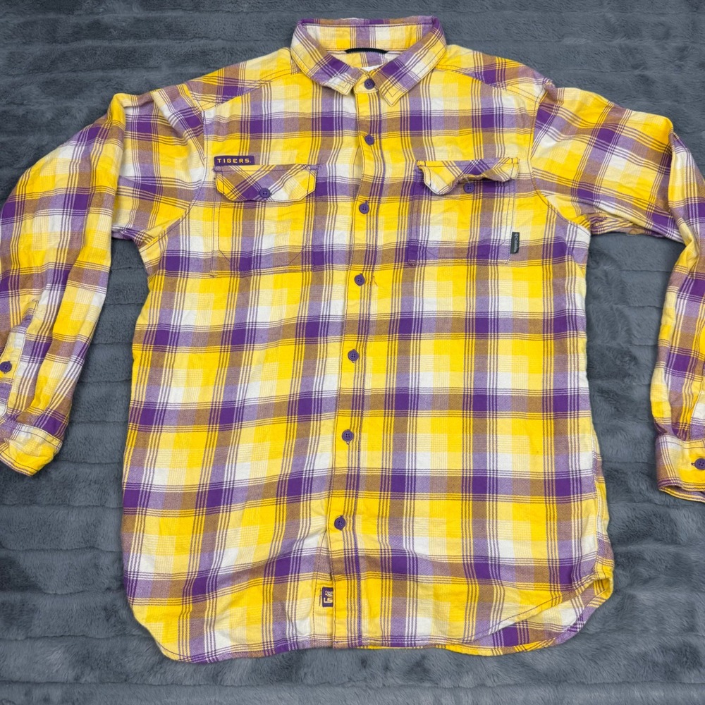 Columbia Mens LSU Tigers Plaid Flannel Shirt Purple Yellow Long Sleeve Size M